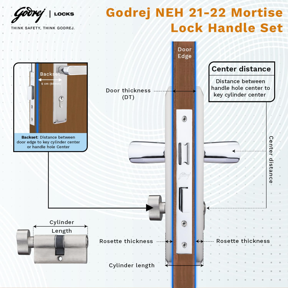 Godrej Mortise Lock|Handle Lock Set for Main & Internal Door of Home & Offices|NEH 21|Satin Steel Finish|8 inch Lockbody|60 mm Cylinder Key from Outside knob from Inside with 3 Keys|5 Years Warranty